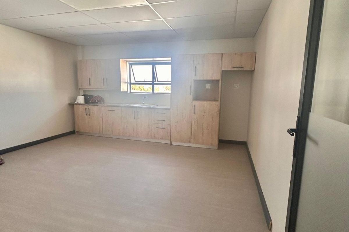 A clean, empty office kitchenette featuring light wood-finish cabinetry, a stainless steel sink, and a suspended ceiling in a professional business setting.