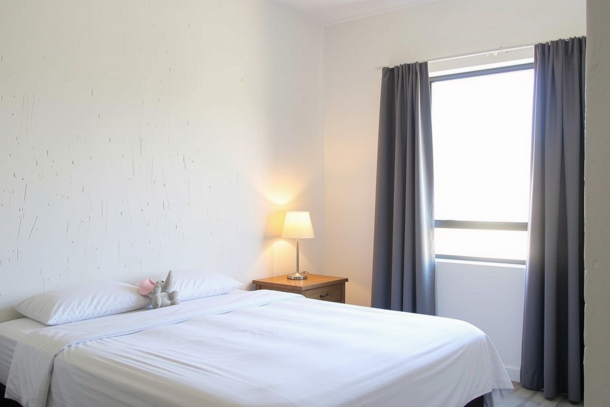A simple bedroom featuring a textured accent wall and a window with grey curtains, providing a neutral and functional sleeping space.