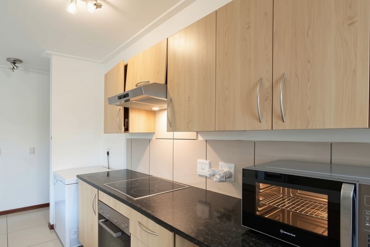 A functional kitchen featuring light wood-finish cabinetry, dark stone countertops, a built-in electric hob, oven, and extractor fan with neutral tiled splashbacks.