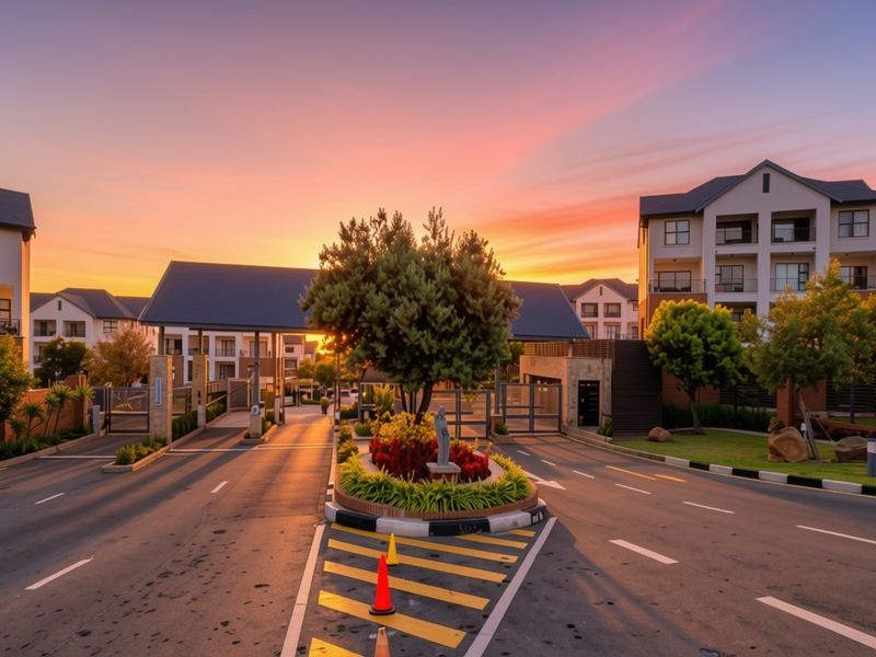 A well-maintained apartment complex entrance featuring a secure gatehouse, landscaped traffic island, and modern multi-story residential buildings at sunset.