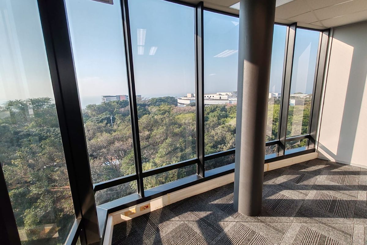 Bright, open-plan office space featuring floor-to-ceiling windows with expansive views, carpeted flooring, and a modern structural column.