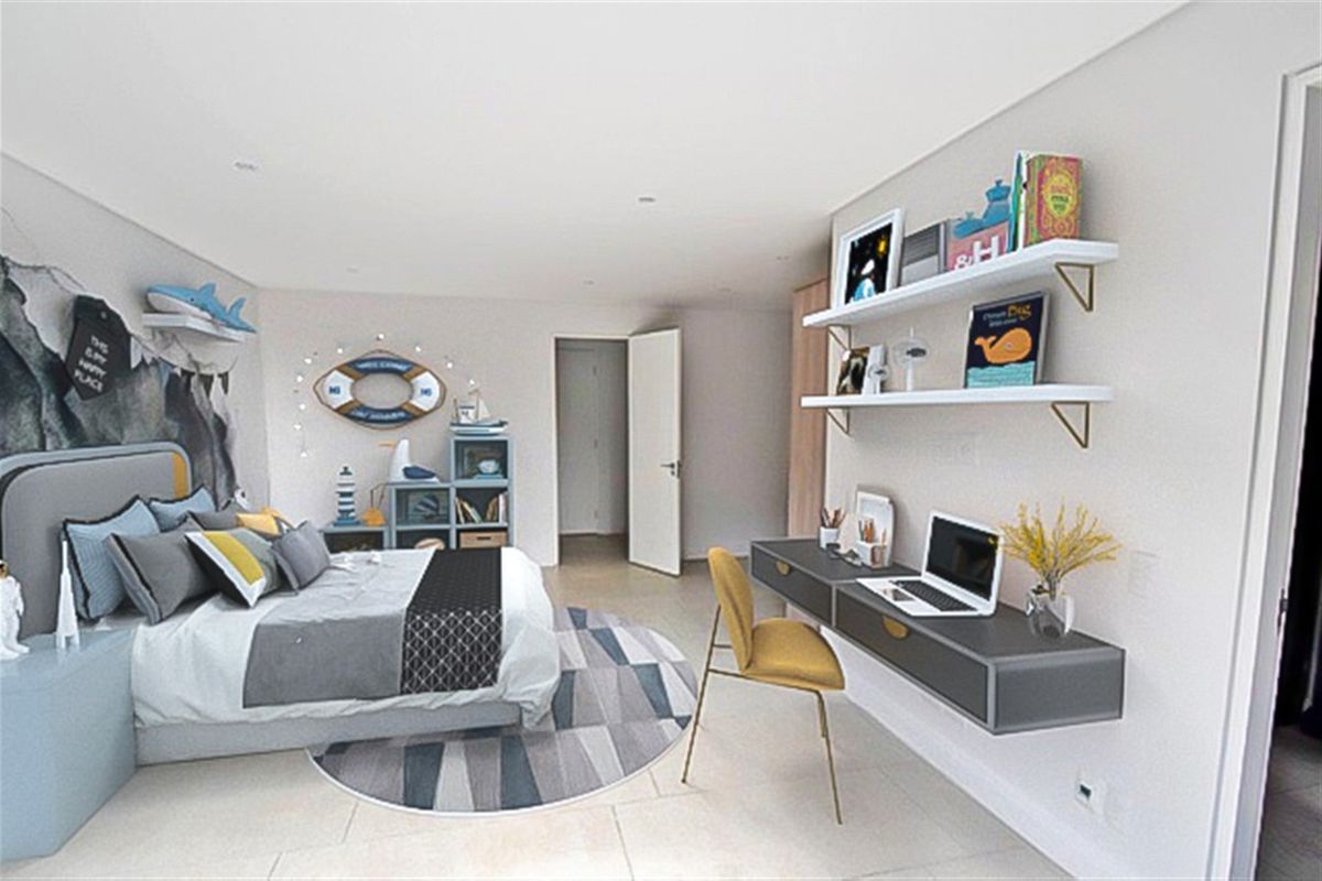 A well-lit bedroom featuring tiled flooring, a built-in wall-mounted desk, and floating shelving, presented with a modern, child-friendly nautical theme.