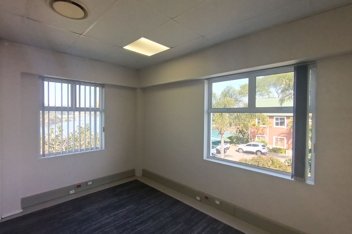 A bright, empty office space featuring carpeted flooring, a suspended ceiling with recessed lighting, and large windows with security bars and vertical blinds.