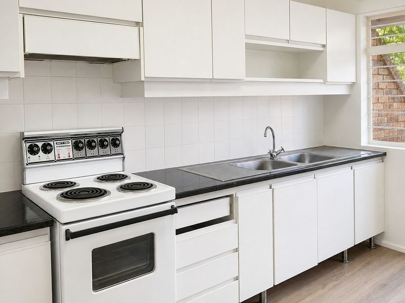 A clean, functional kitchen featuring white cabinetry, black countertops, a double sink, and a freestanding electric stove with an integrated extractor fan.