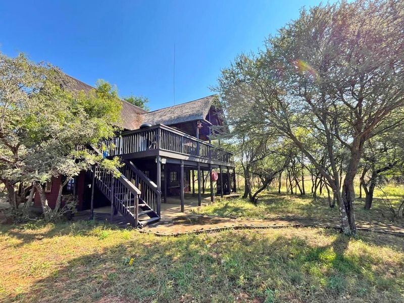 Rear view of a rustic house featuring a raised wooden deck, staircase, and traditional thatch roof set within a natural bushveld environment.
