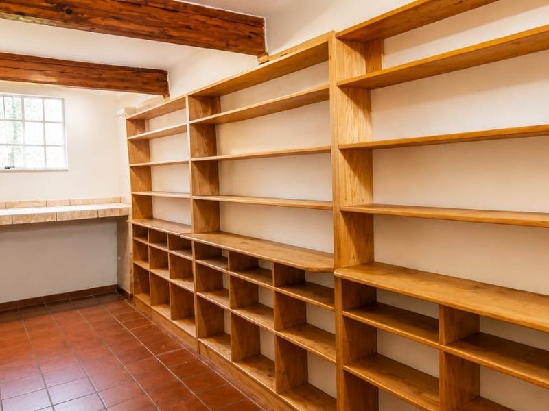 A spacious, empty scullery or pantry featuring extensive built-in wooden shelving, tiled flooring, and exposed timber ceiling beams.