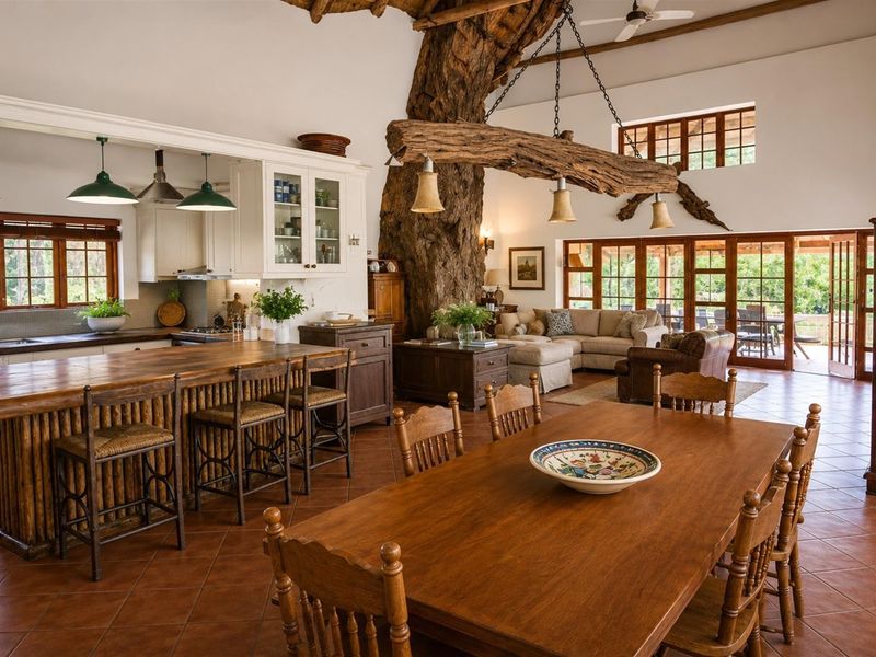 Spacious open-plan living, dining, and kitchen area featuring unique architectural integration of a large tree trunk, high ceilings, and warm terracotta tile flooring.