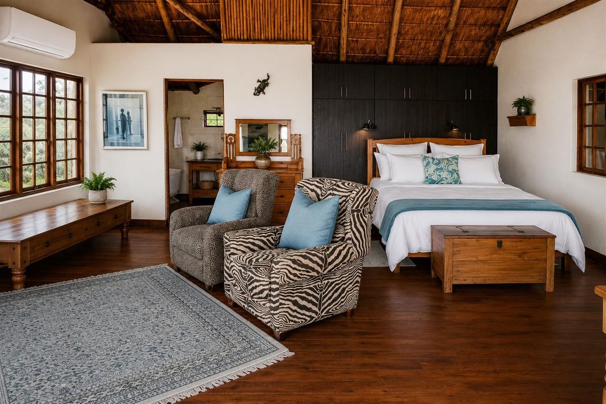 Spacious bedroom featuring high vaulted thatch ceilings with exposed timber rafters, rich hardwood flooring, and extensive built-in cabinetry.