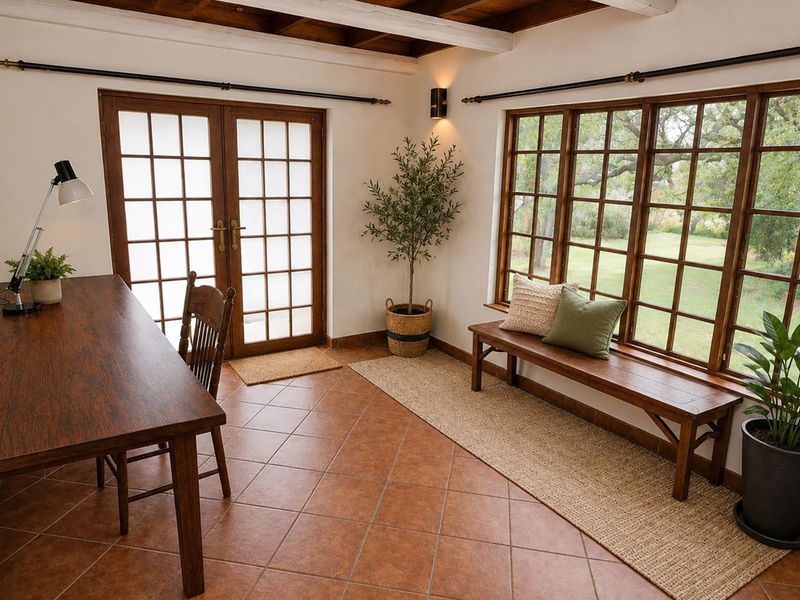 A bright home office featuring exposed timber ceiling beams, terracotta floor tiles, and large timber-framed windows overlooking the garden.