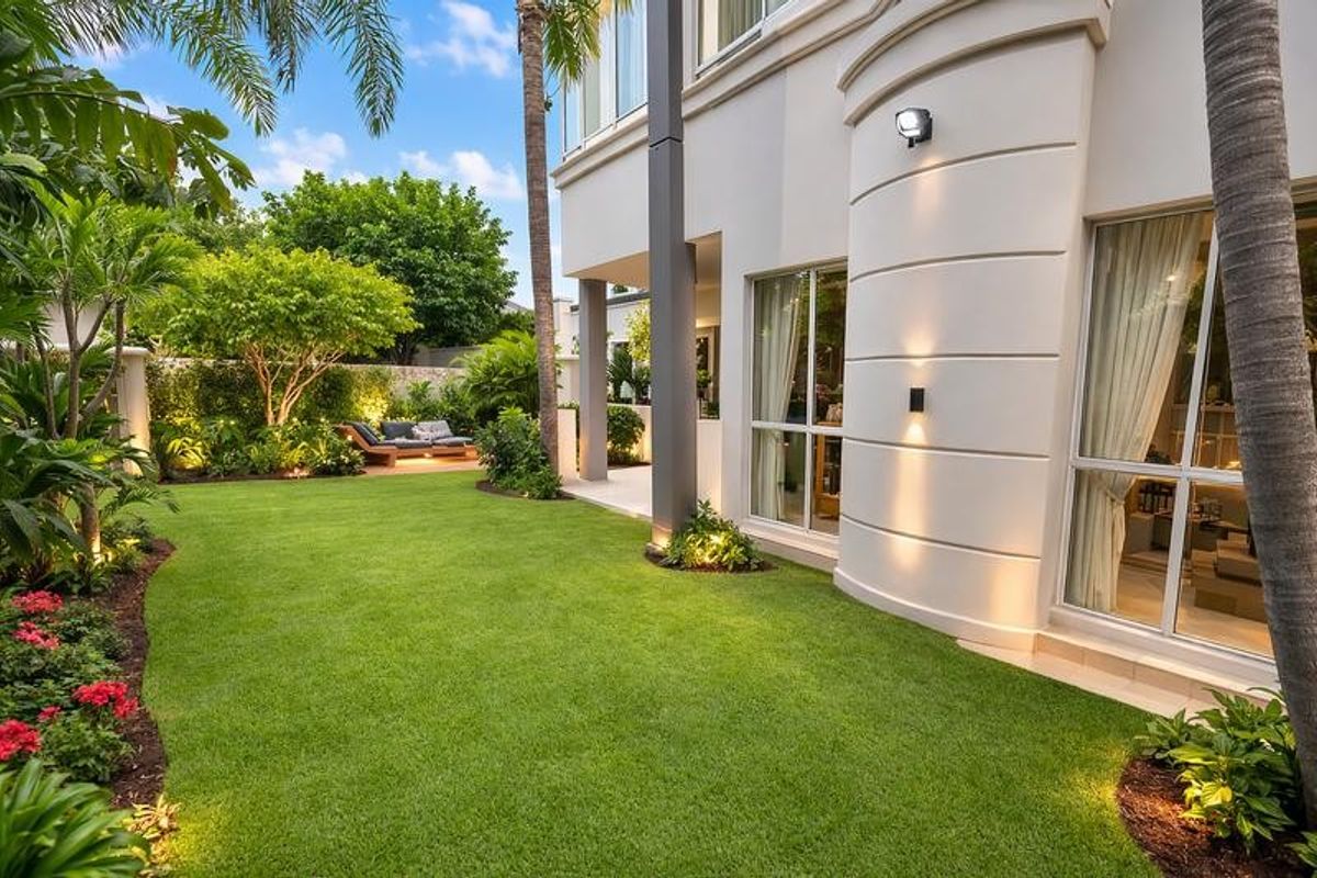 A beautifully landscaped rear garden featuring a manicured lawn, established plantings, and a paved patio area adjacent to the modern home exterior.