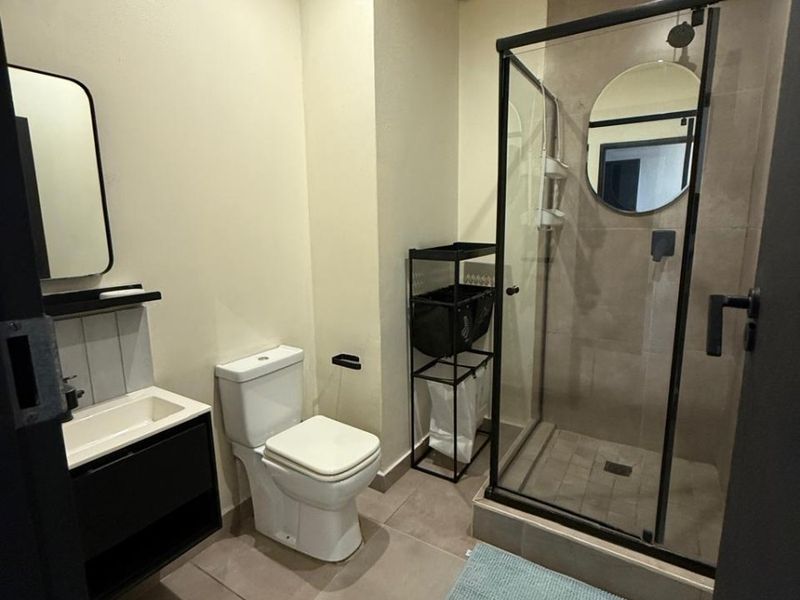Modern bathroom featuring a walk-in shower with a glass enclosure, a sleek vanity cabinet with a basin, and a toilet, finished with neutral floor tiles.