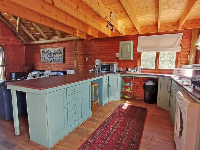 Open-plan living and kitchen area featuring rustic log walls, exposed timber ceiling beams, and painted fitted cabinetry with laminate countertops.