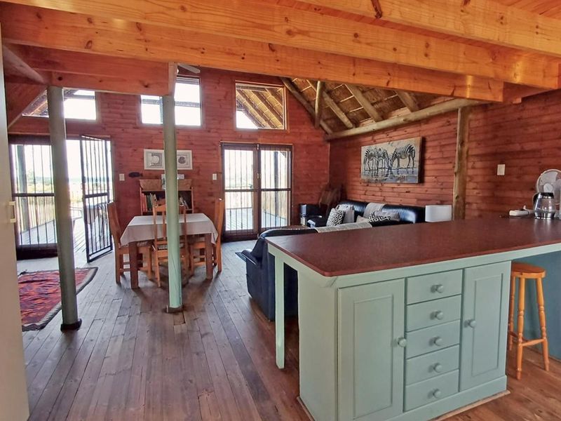 Open-plan living and kitchen area featuring rustic timber walls, exposed ceiling beams, and timber flooring with direct access to an outdoor deck.