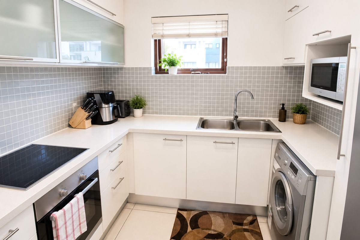 Modern kitchen featuring white cabinetry, stone countertops, tiled backsplash, built-in oven, electric cooktop, and integrated laundry facilities.