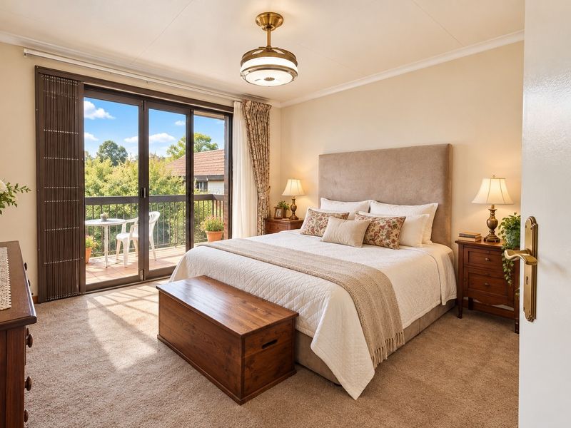 A well-maintained bedroom featuring carpeted flooring, a ceiling fan, and a sliding glass door providing direct access to a private balcony.