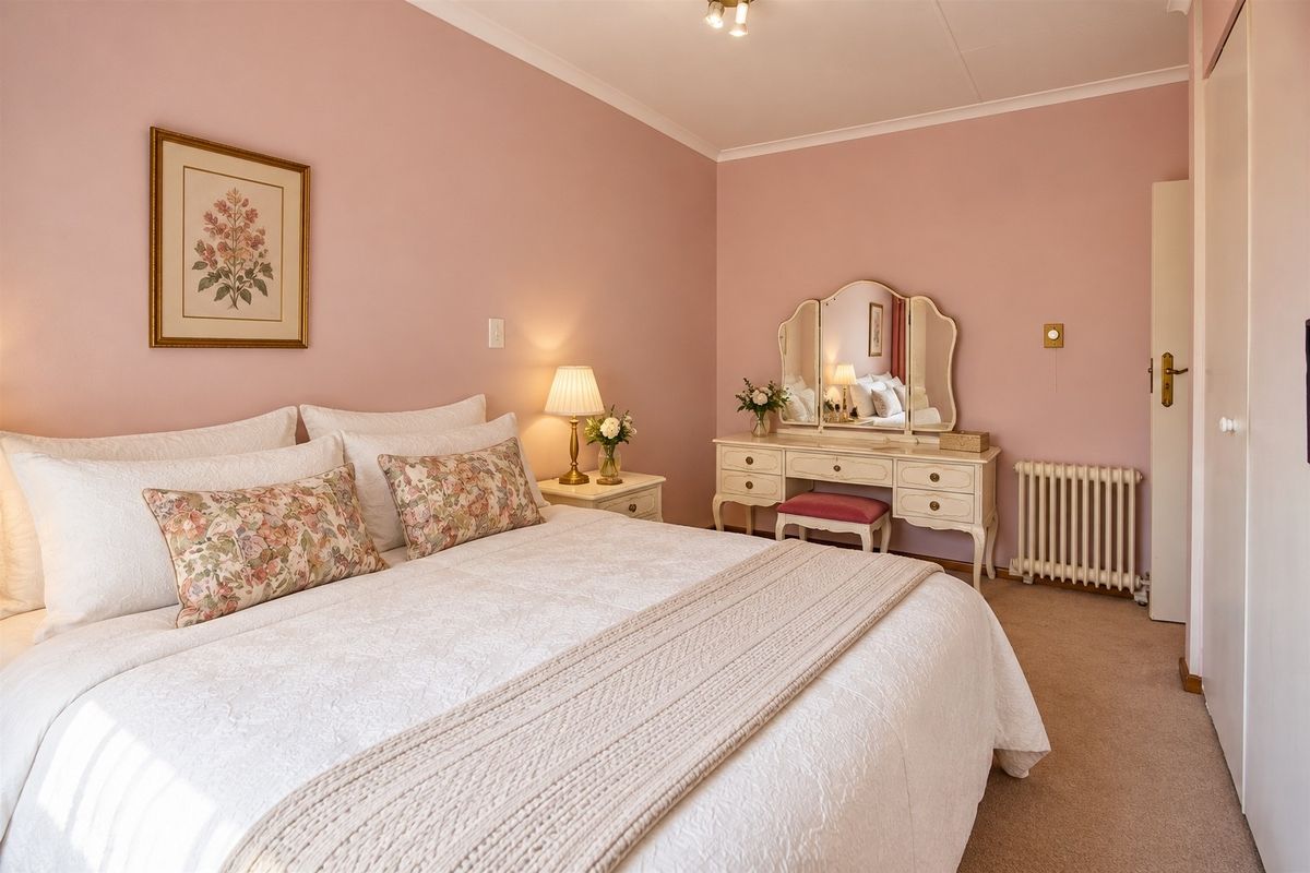 A well-maintained bedroom featuring soft pink walls, carpeted flooring, a built-in wardrobe, and a traditional radiator heating unit.