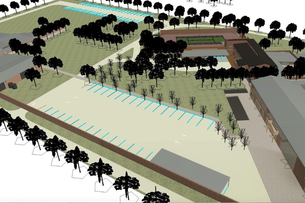 An aerial 3D architectural rendering of the property grounds, featuring extensive parking facilities, landscaped areas, and a tennis court.