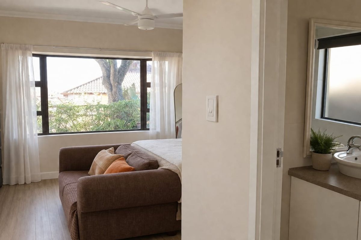 A bedroom featuring laminate flooring and a ceiling fan, with an adjacent en-suite vanity area including a basin and mirror.