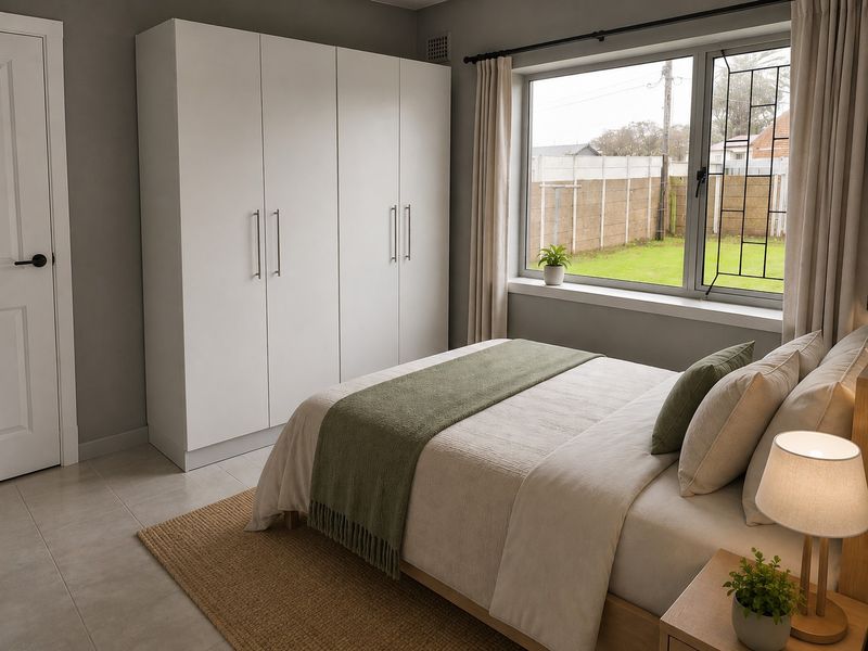 A well-maintained bedroom featuring neutral grey walls, tiled flooring, and a large built-in wardrobe with modern hardware.