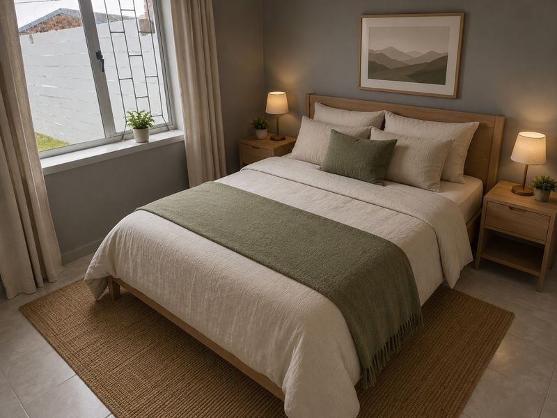 A well-lit bedroom featuring neutral tones, tiled flooring, and a window with security bars, creating a calm and inviting atmosphere.
