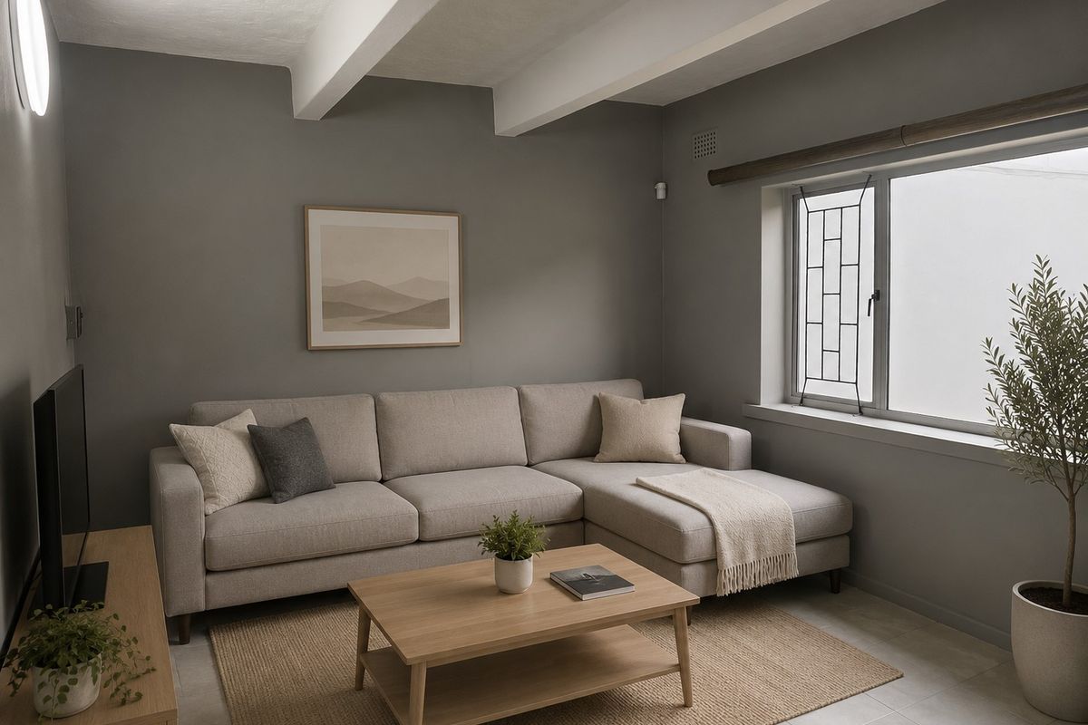 A well-maintained living room featuring exposed ceiling beams, neutral grey walls, and tiled flooring, providing a clean and contemporary living space.