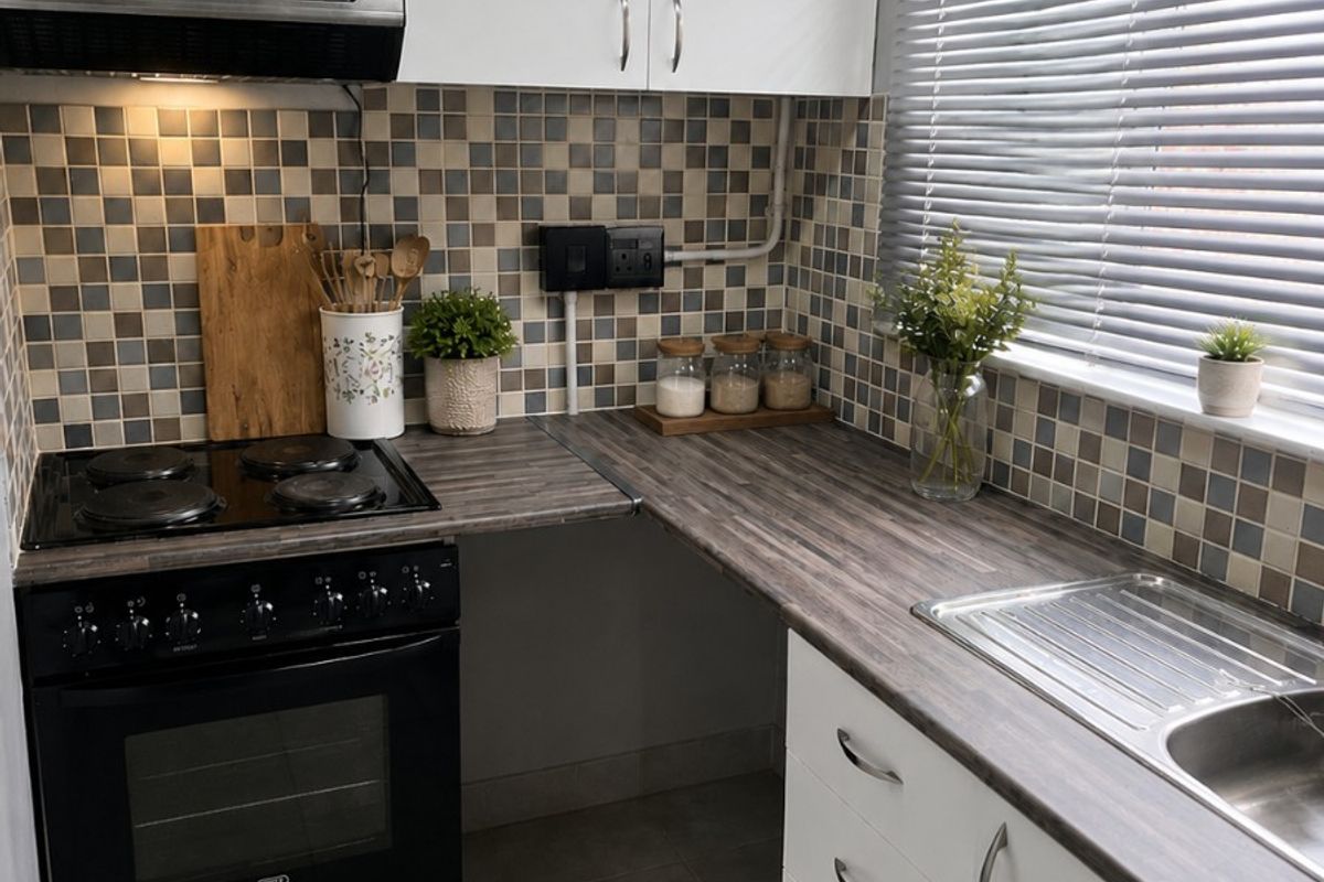 A compact, functional kitchen featuring white cabinetry, dark laminate countertops, a tiled backsplash, and a built-in electric stove with an extractor fan.