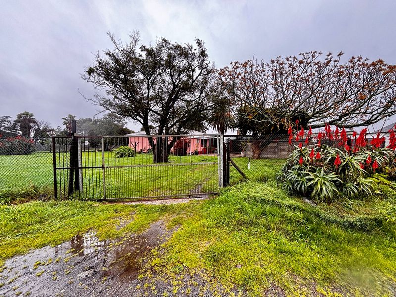 Front view of the property featuring a metal entrance gate, chain link fencing, and a large garden area with mature trees.