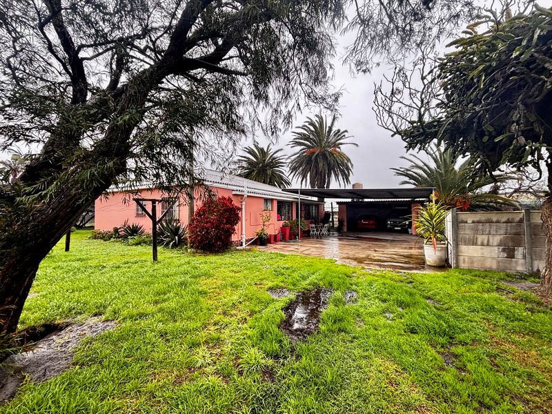 Rear view of the farm property featuring a pink exterior, a large carport, and a spacious lawn area with mature trees.