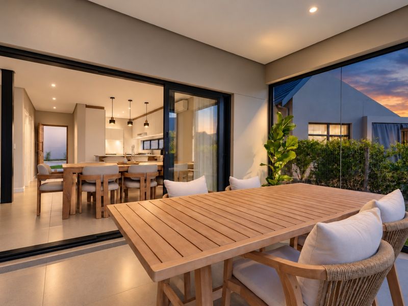A modern covered patio featuring large sliding glass doors that provide seamless indoor-outdoor flow to the adjacent open-plan living and dining area.