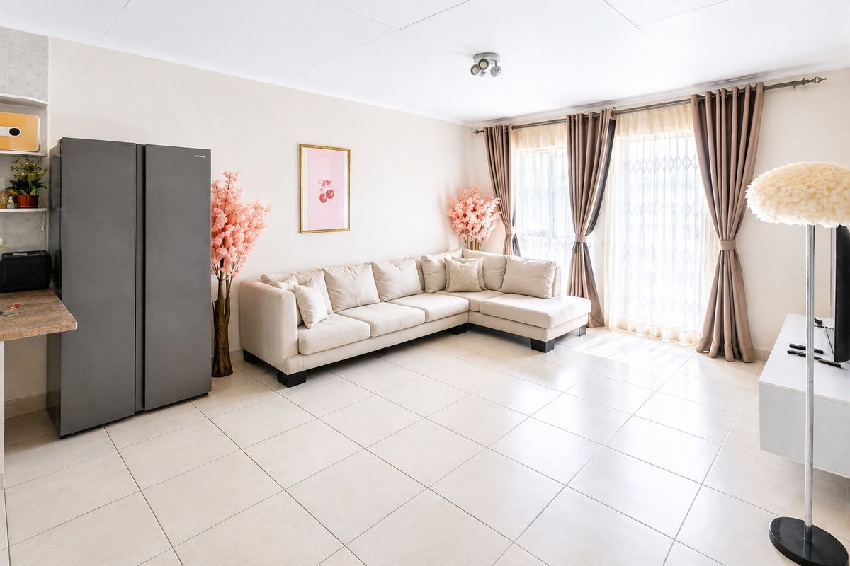 Bright and spacious living room featuring neutral tiled flooring and large sliding glass doors that provide ample natural light.