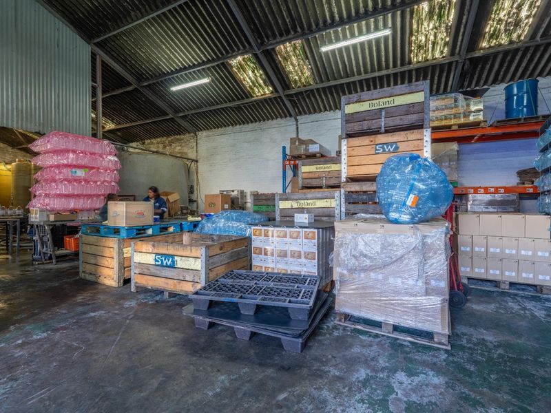 Industrial warehouse space featuring high ceilings with exposed steel trusses, corrugated roofing, and durable concrete flooring, suitable for storage or manufacturing operations.