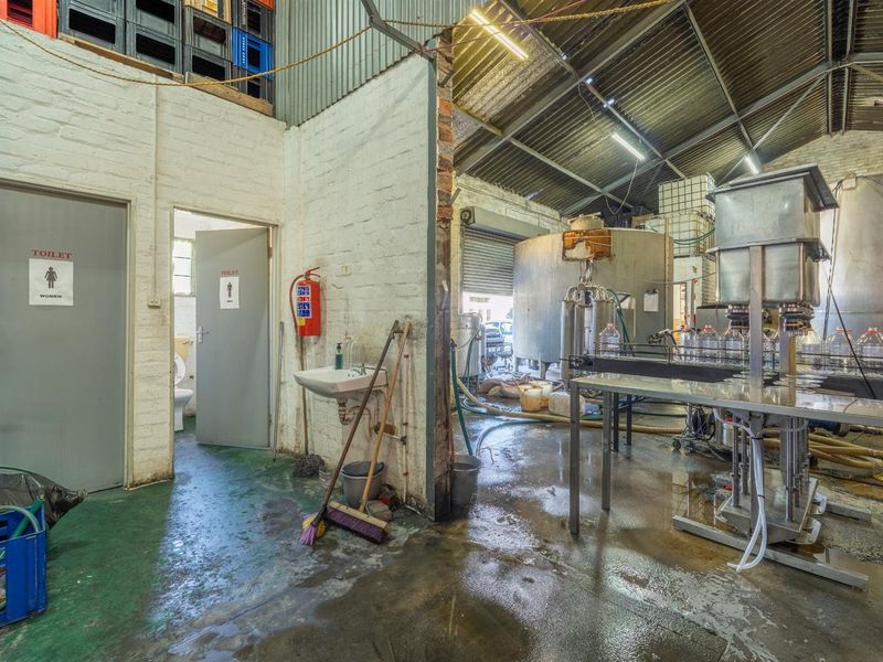Industrial utility and production area featuring exposed brickwork, metal roofing, integrated washroom facilities, and industrial-grade flooring suitable for manufacturing or processing operations.