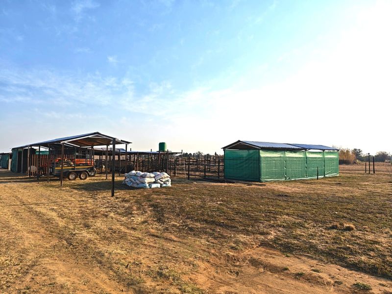 Outdoor utility area featuring metal-roofed structures, livestock fencing, and a water storage tank on a small holding property.