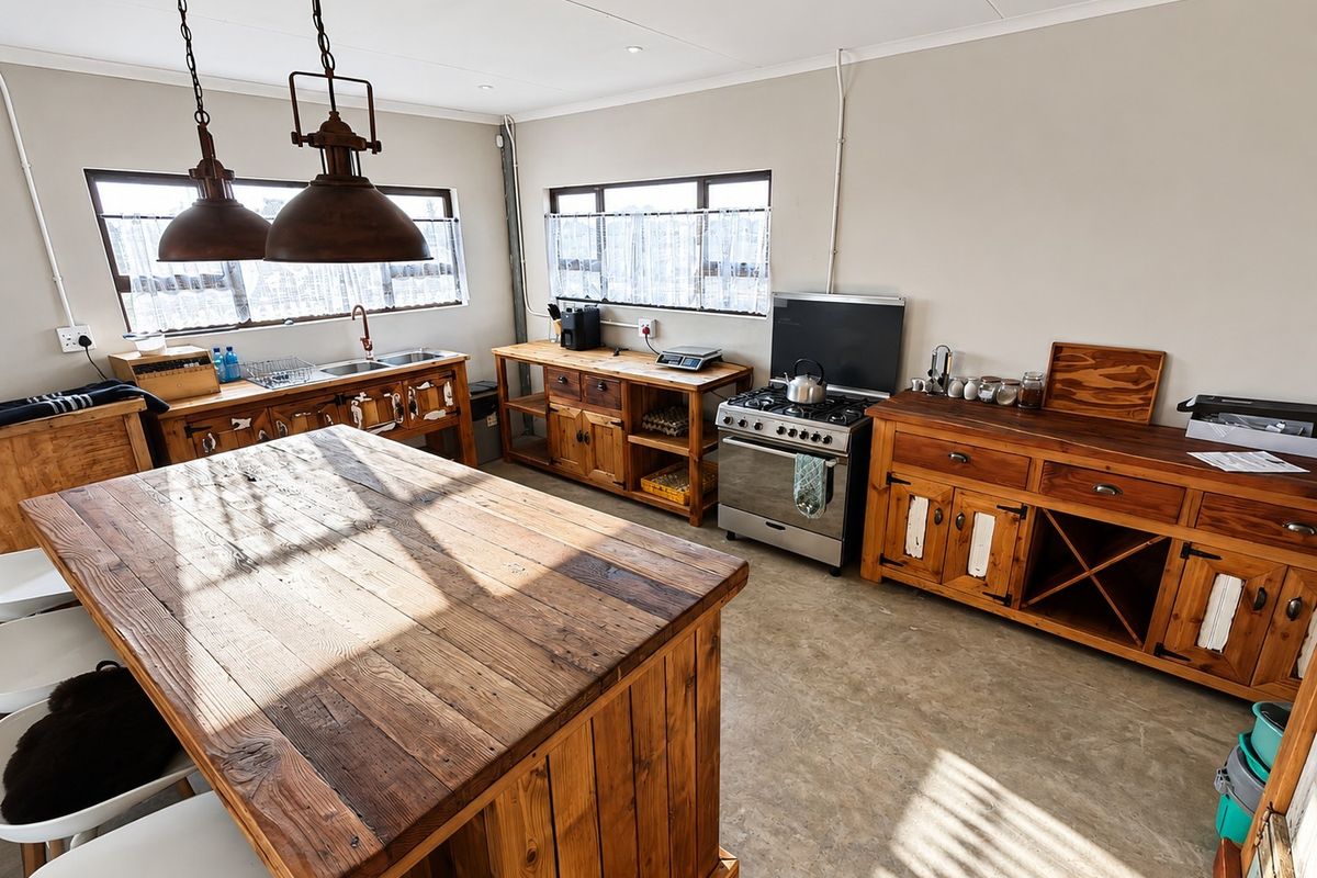 Rustic-style kitchen featuring custom wooden cabinetry, a central wooden island, gas stove, and polished concrete flooring with ample natural light.