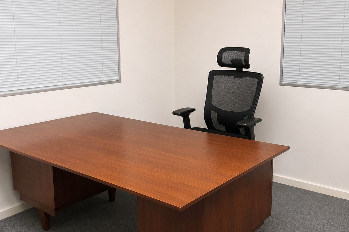 A clean, functional office space featuring grey carpet flooring and two windows equipped with venetian blinds.
