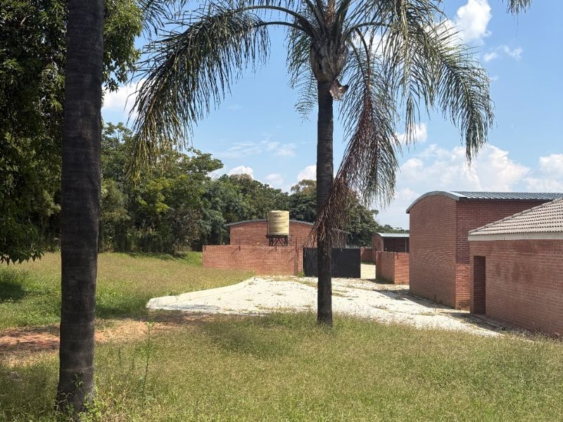 Rear exterior view of the farm property featuring brick structures, a water storage tank, and established palm trees on a large plot.