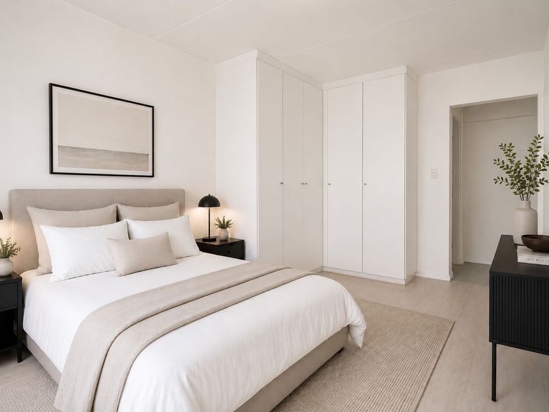 A bright and modern bedroom featuring neutral tones, clean lines, and ample storage with integrated built-in wardrobes.