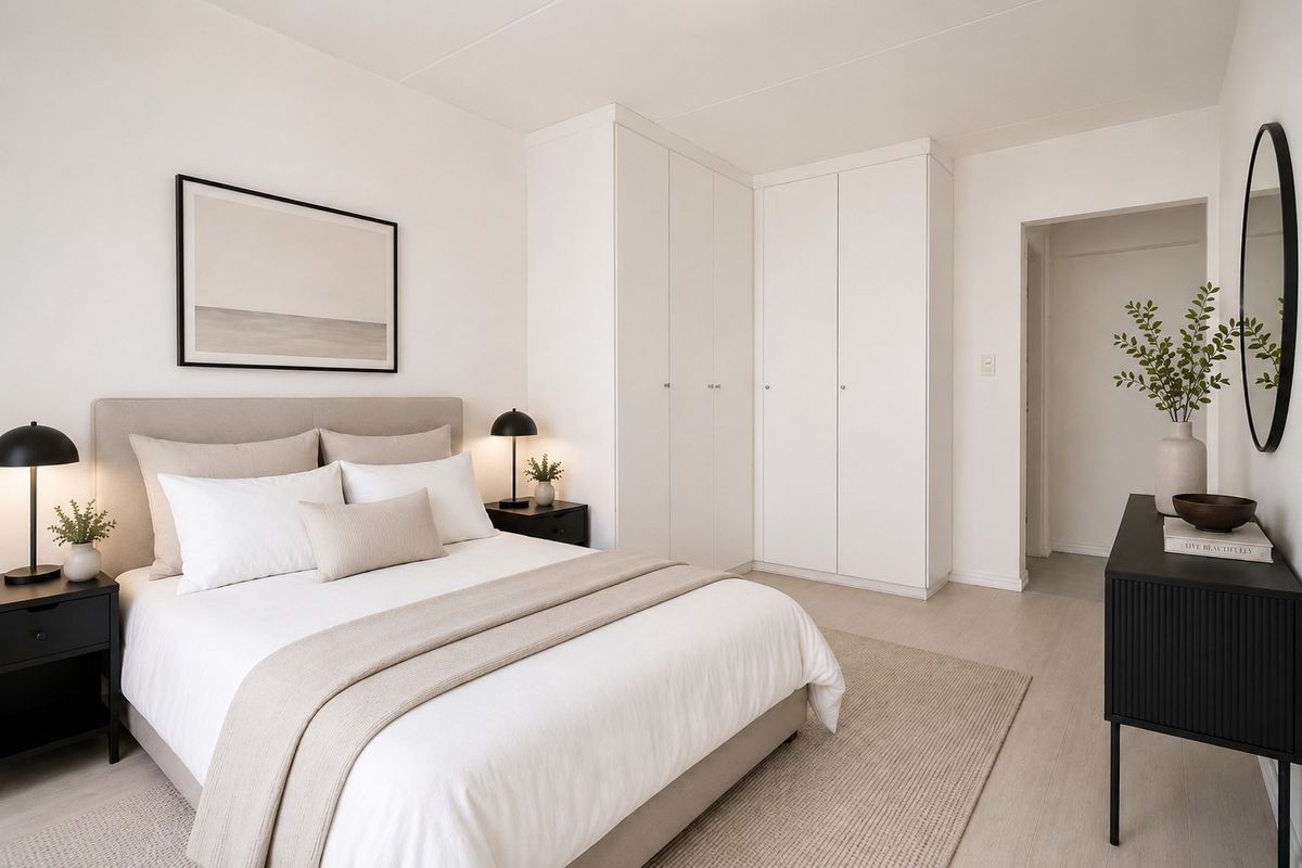 A bright and modern bedroom featuring neutral tones, clean lines, and ample storage with integrated built-in wardrobes.