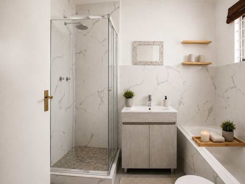 Modern bathroom featuring a glass shower enclosure, bathtub, vanity cabinet with integrated washbasin, and marble-effect wall tiling.