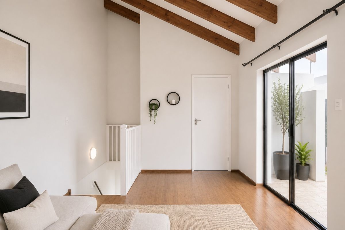 Bright living area featuring high vaulted ceilings with exposed timber beams, laminate flooring, and large sliding glass doors leading to an outdoor balcony.