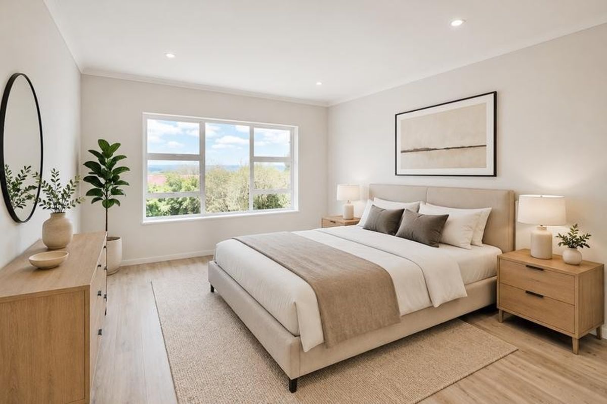 A bright and modern bedroom featuring neutral tones, recessed downlighting, and a large window providing natural light and a pleasant outlook.