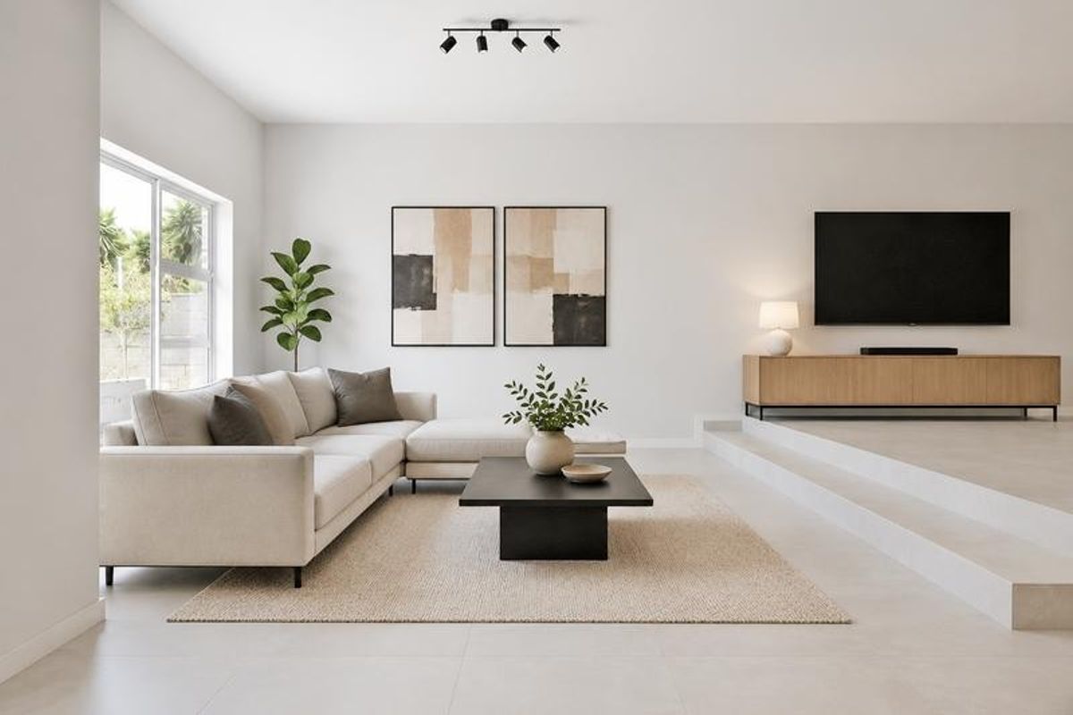 Modern sunken living room featuring large format floor tiles, minimalist track lighting, and a seamless transition to the outdoor area through sliding glass doors.