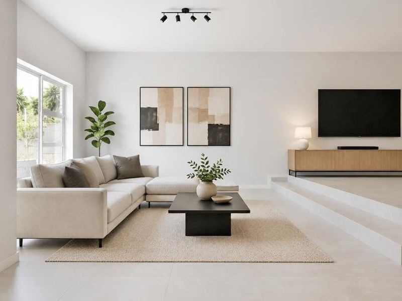Modern sunken living room featuring large format floor tiles, minimalist track lighting, and a seamless transition to the outdoor area through sliding glass doors.