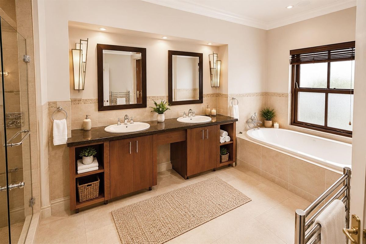 A well-appointed bathroom featuring a double vanity with granite countertops, a built-in bathtub, a glass-enclosed shower, and modern recessed lighting.