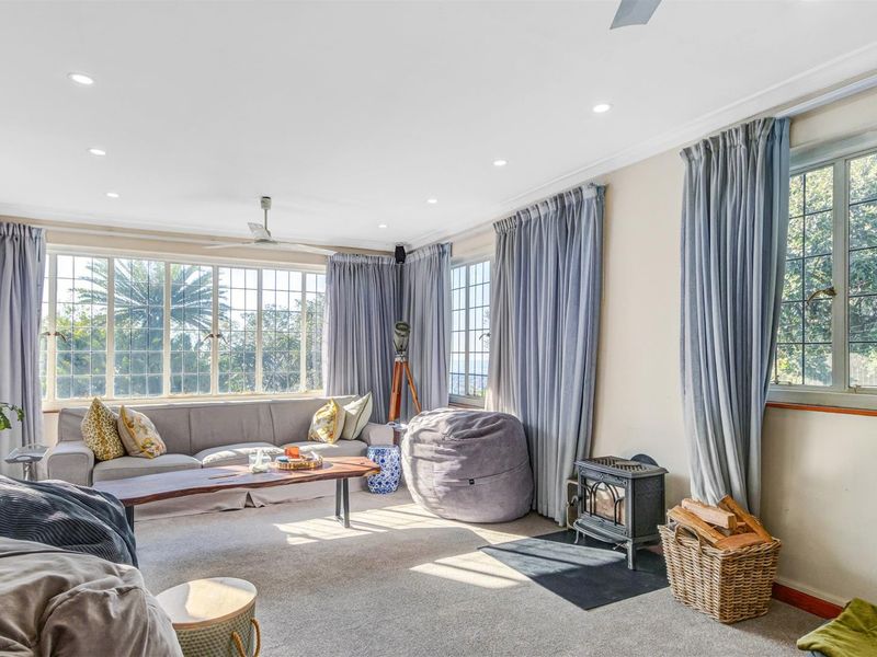 A bright and spacious living room featuring large multi-pane windows, recessed lighting, a ceiling fan, and a cozy freestanding wood-burning stove on a hearth.
