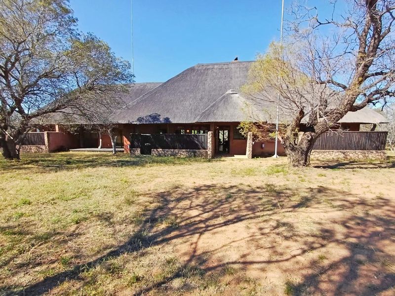 Rear view of a traditional house featuring a large thatched roof, stone-clad base, and a covered patio area set within a natural bushveld landscape.