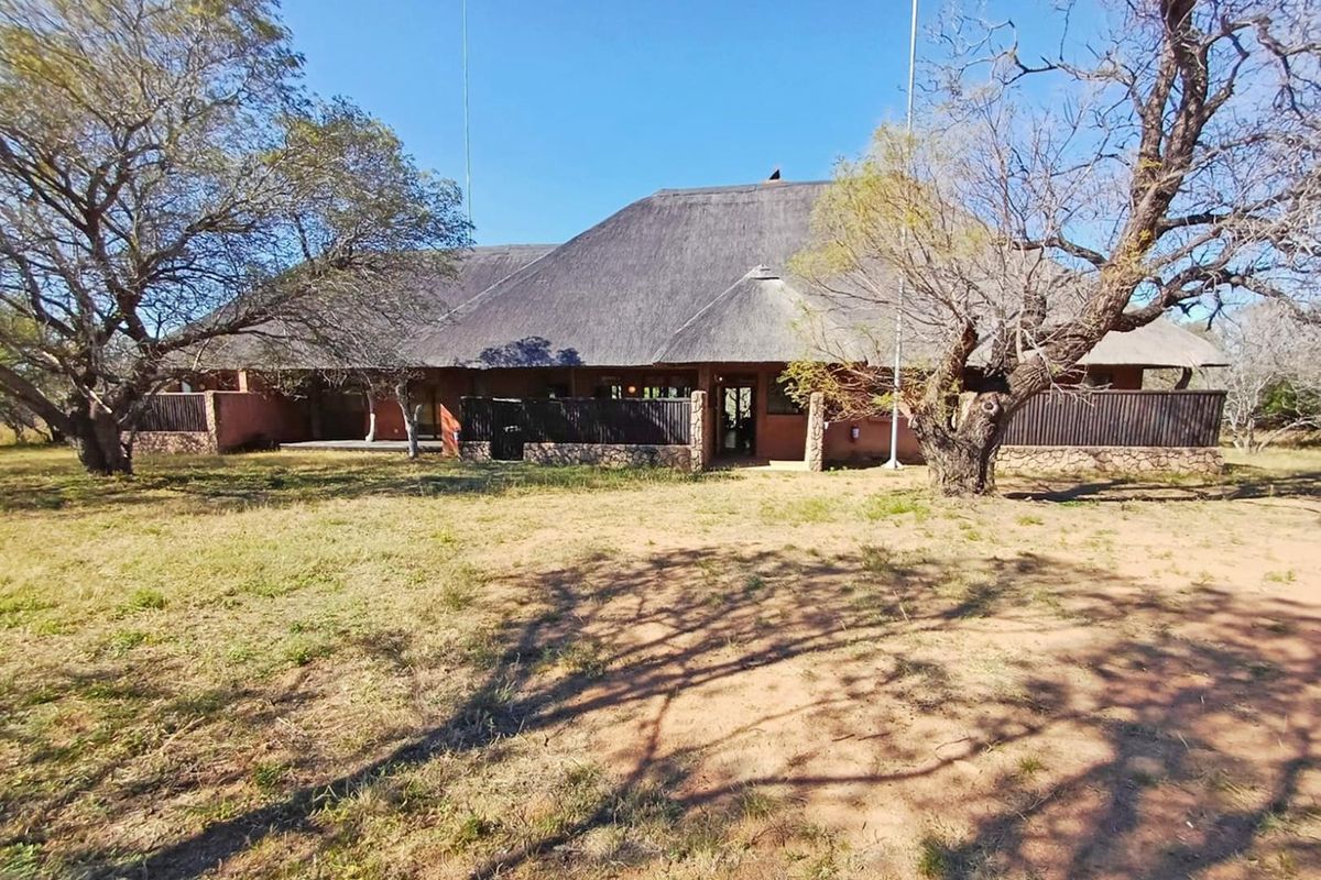 Rear view of a traditional house featuring a large thatched roof, stone-clad base, and a covered patio area set within a natural bushveld landscape.