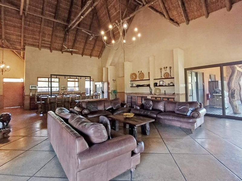 Spacious open-plan living area featuring a high thatched roof with exposed timber trusses, tiled floors, a built-in bar, and large sliding doors to the patio.