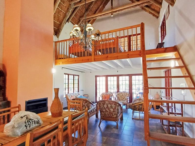 Spacious open-plan living area featuring a high thatched ceiling with exposed beams, a mezzanine level, built-in fireplace, and direct access to the outdoors.