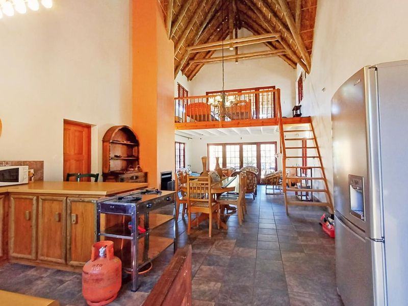 Spacious open-plan living area featuring a high-volume thatch roof with exposed timber trusses, a mezzanine level, and tiled flooring throughout.